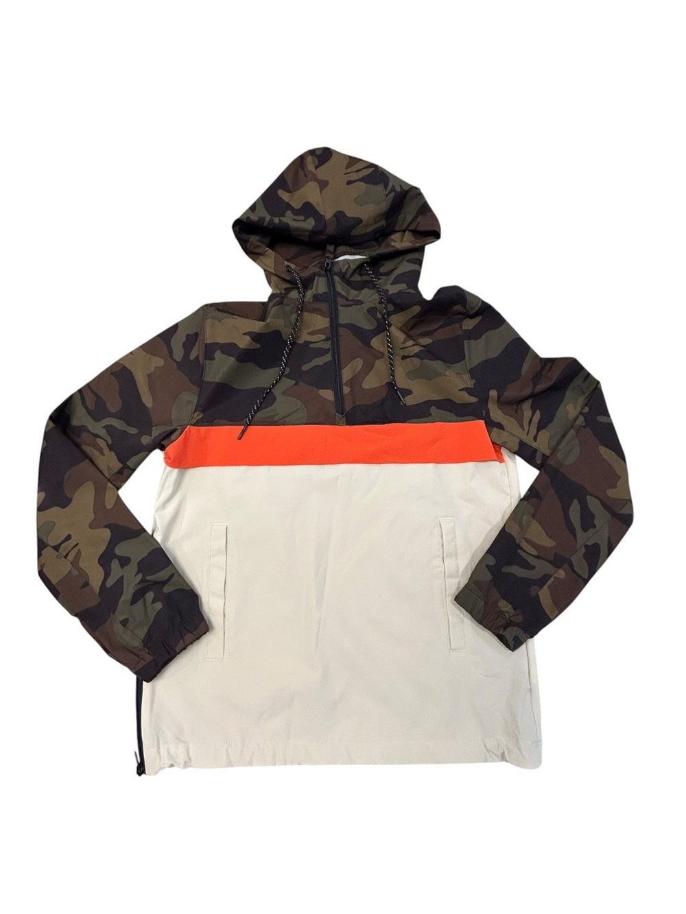 Aeropostale Men's Camo Hooded Windbreaker Anorak Orange Cream Panels XS